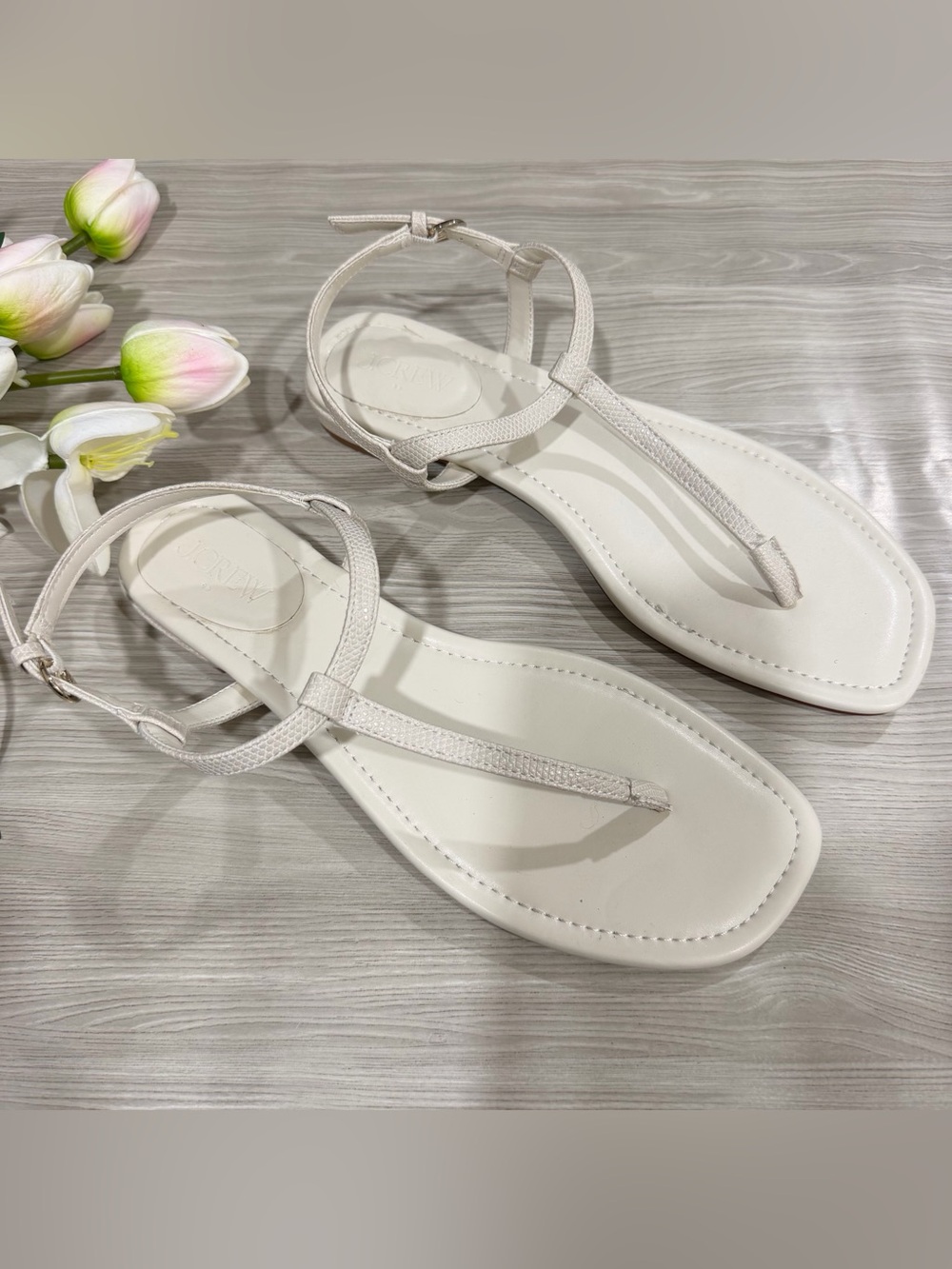 J. Crew Factory White T‑Strap Flat Sandals 9.5